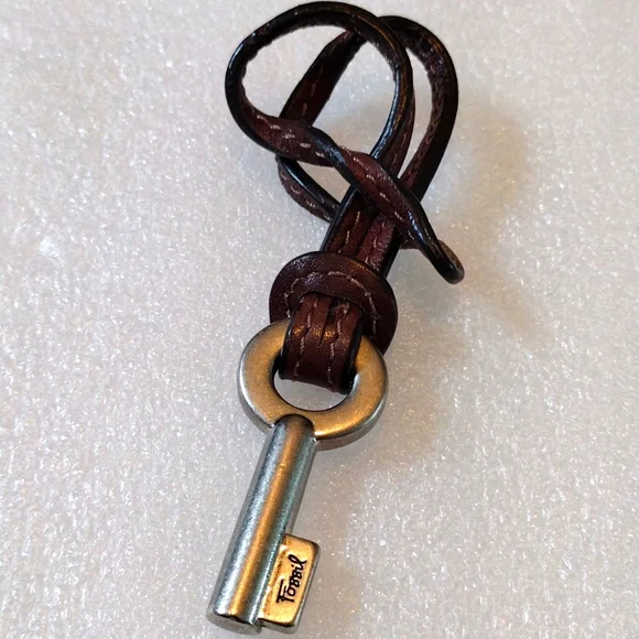 Fossil Brown Leather Necklace with Silver Key Pendant - Picture 1 of 4